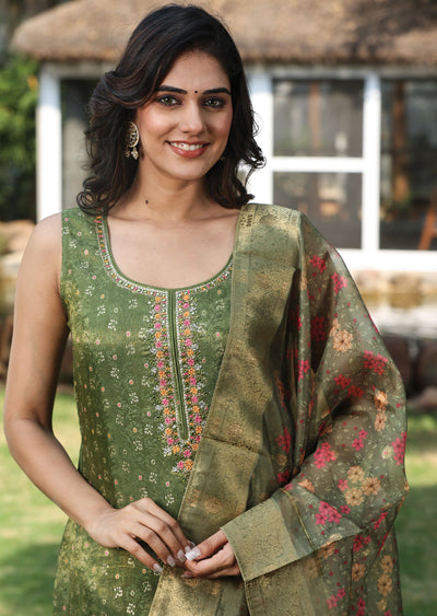 Olive Green Banaras Tissue Silk Straight Cut Suit