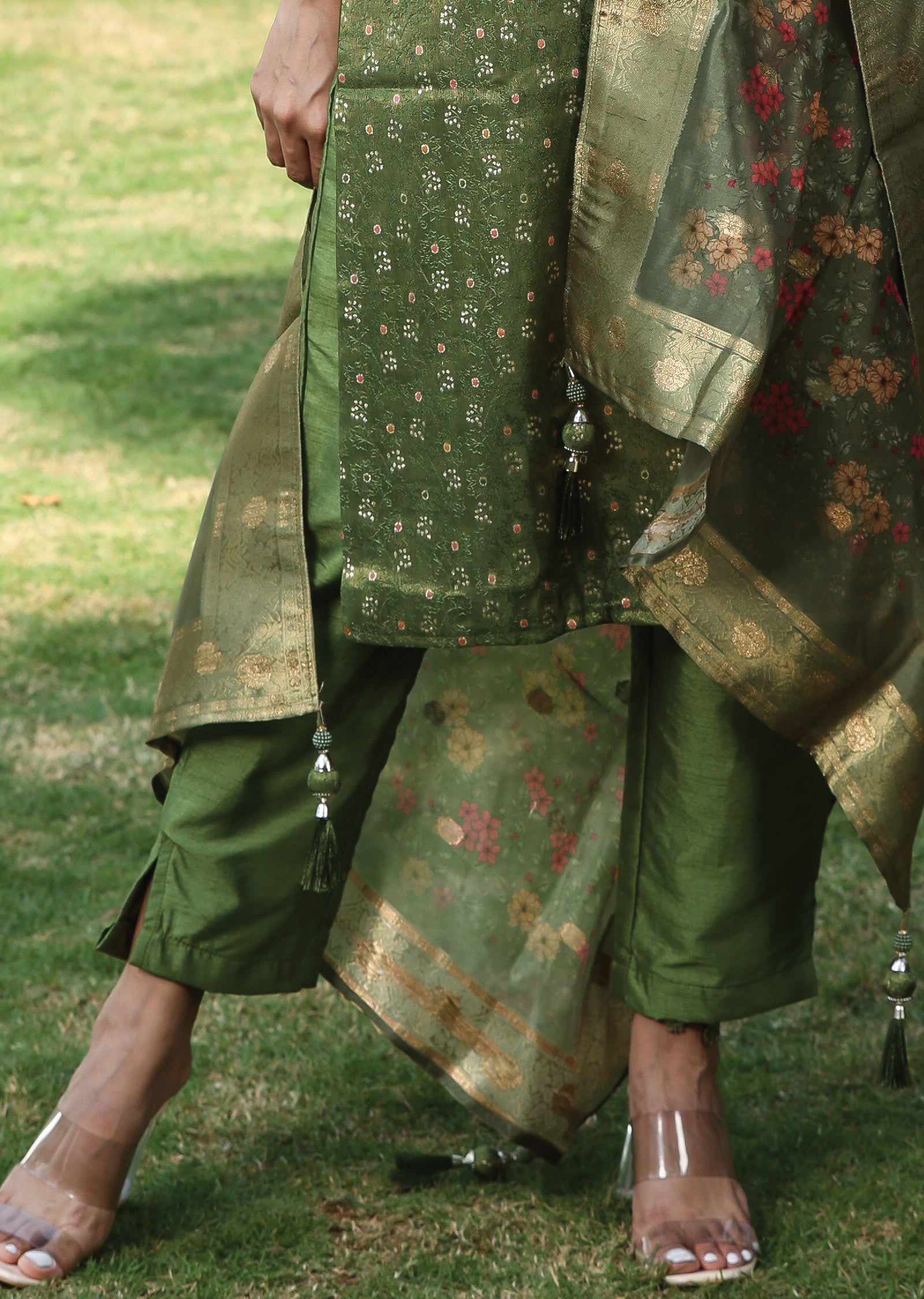 Olive Green Banaras Tissue Silk Straight Cut Suit