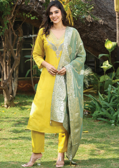 Yellow Dola Silk Straight Cut Suit