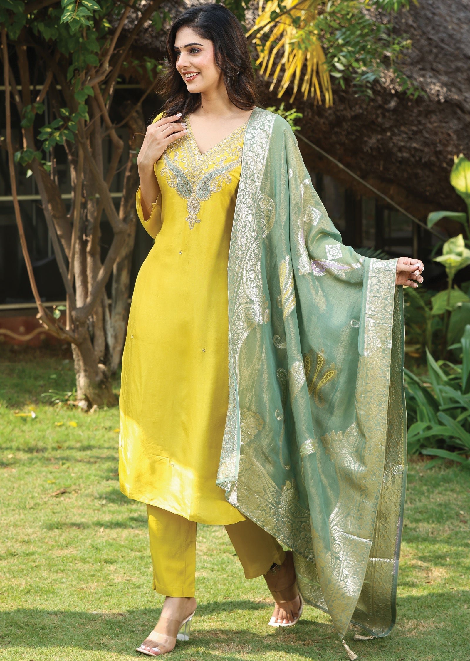 Yellow Dola Silk Straight Cut Suit