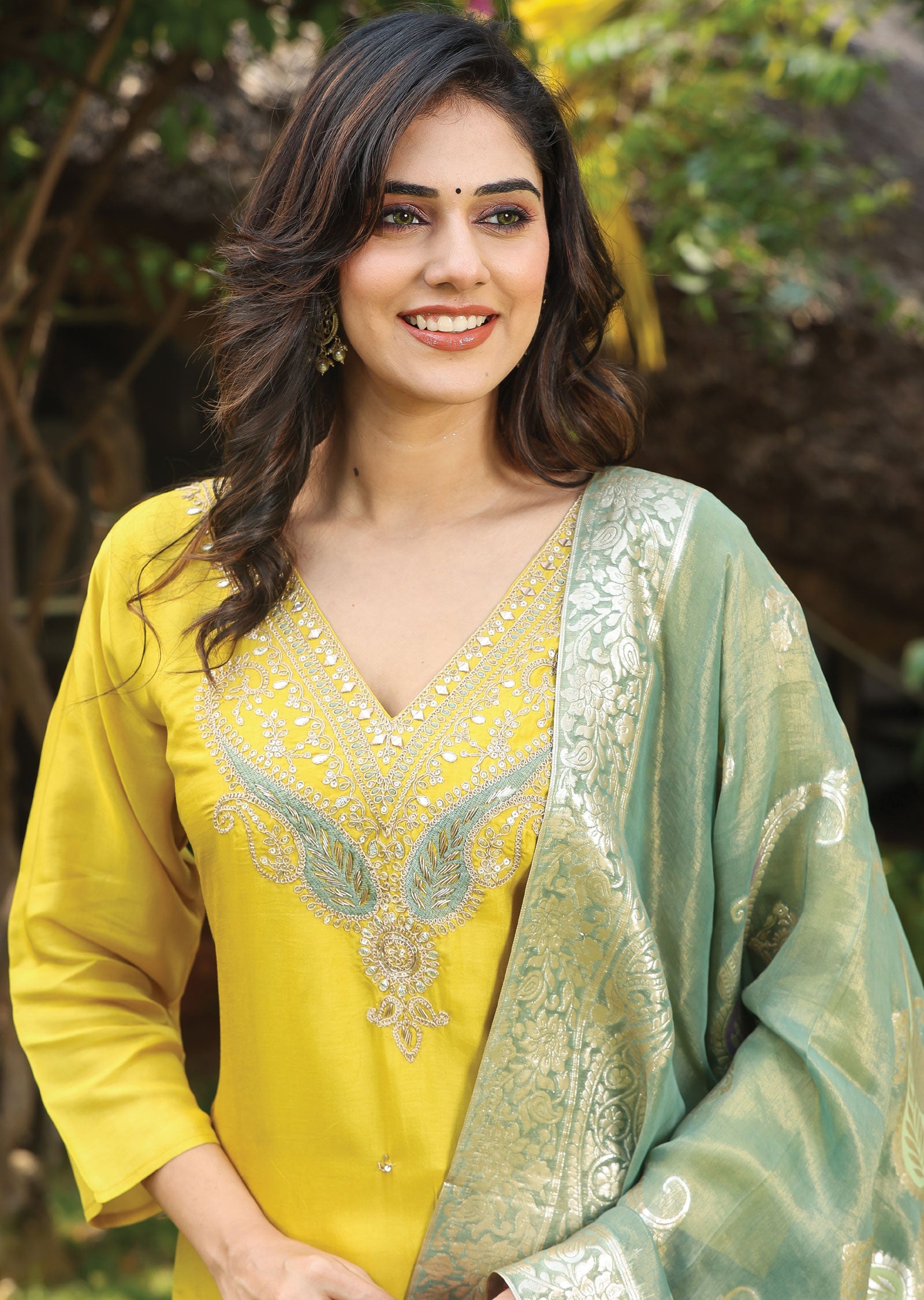 Yellow Dola Silk Straight Cut Suit