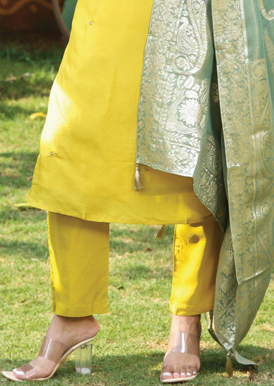 Yellow Dola Silk Straight Cut Suit