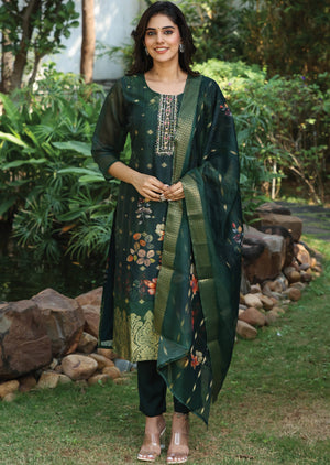 Bottle Green Banaras Chanderi Straight Cut Suit