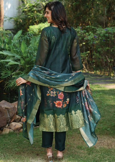 Bottle Green Banaras Chanderi Straight Cut Suit