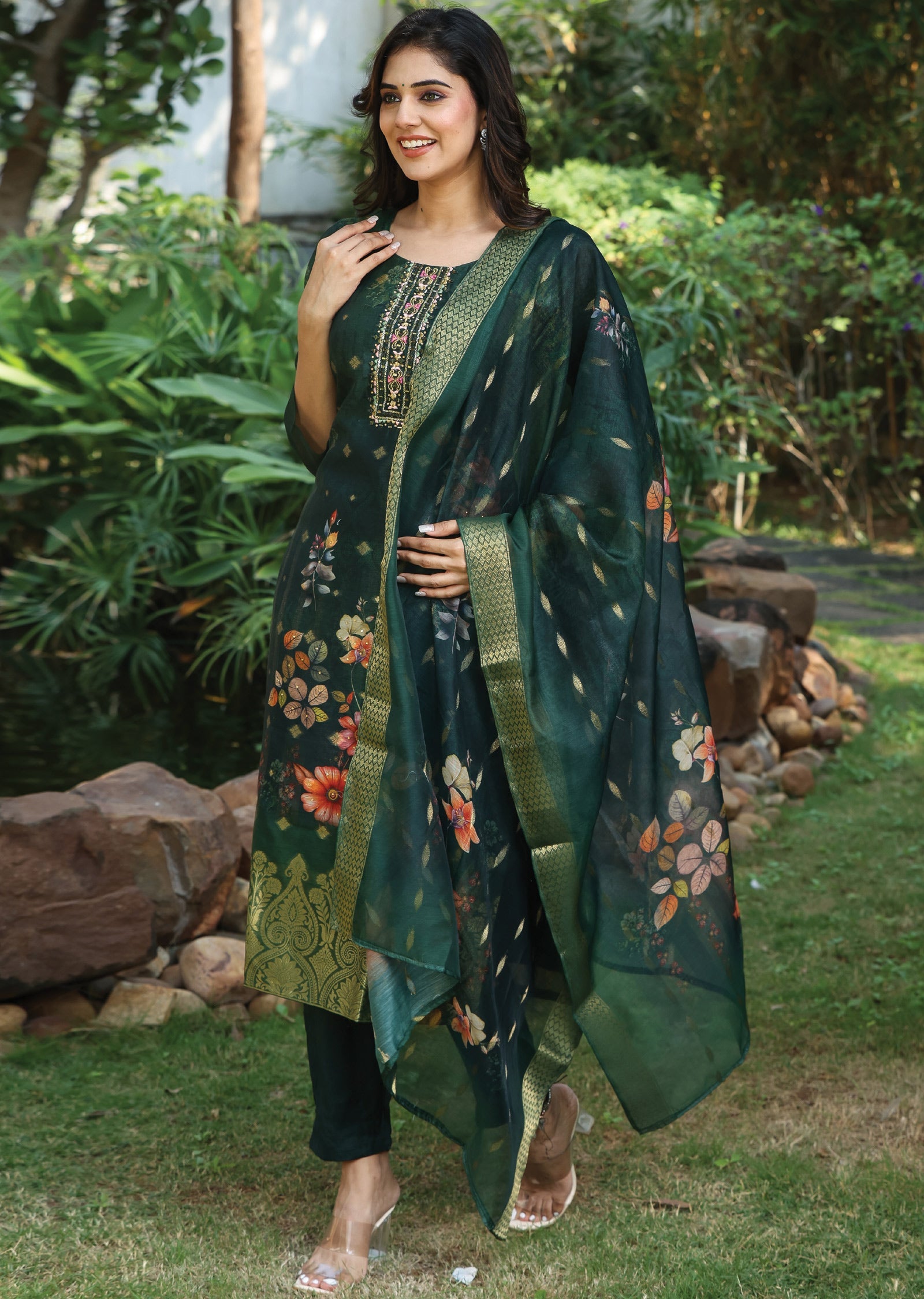 Bottle Green Banaras Chanderi Straight Cut Suit