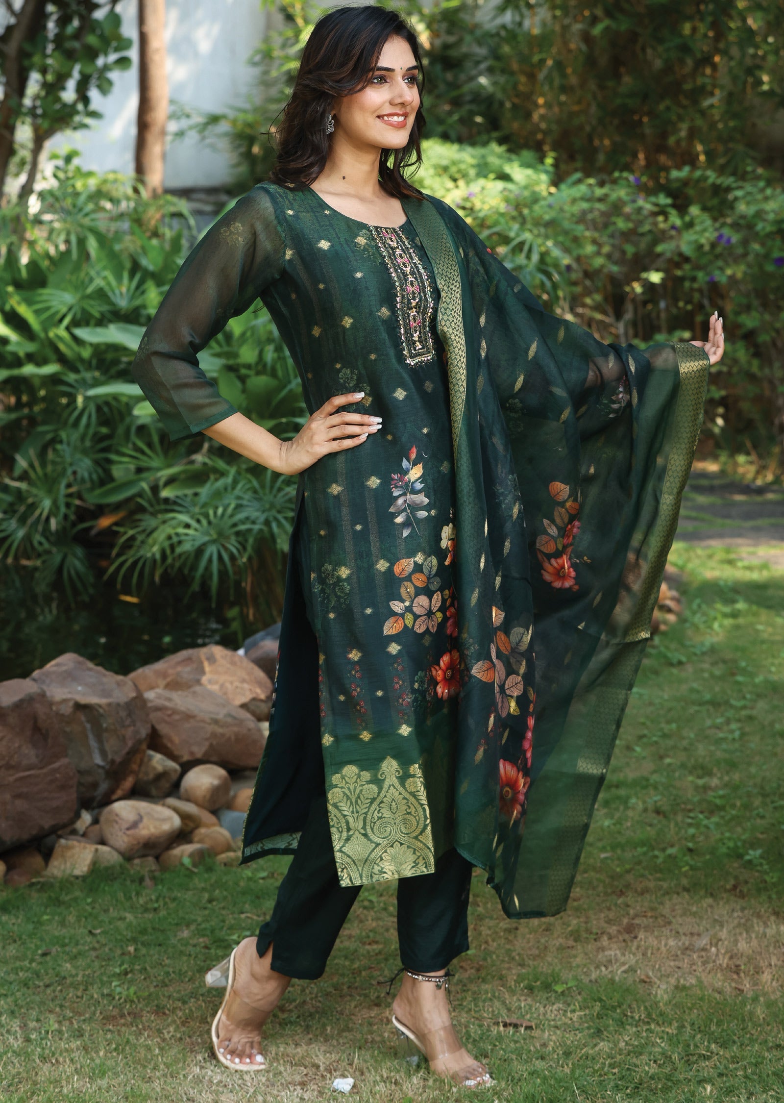 Bottle Green Banaras Chanderi Straight Cut Suit