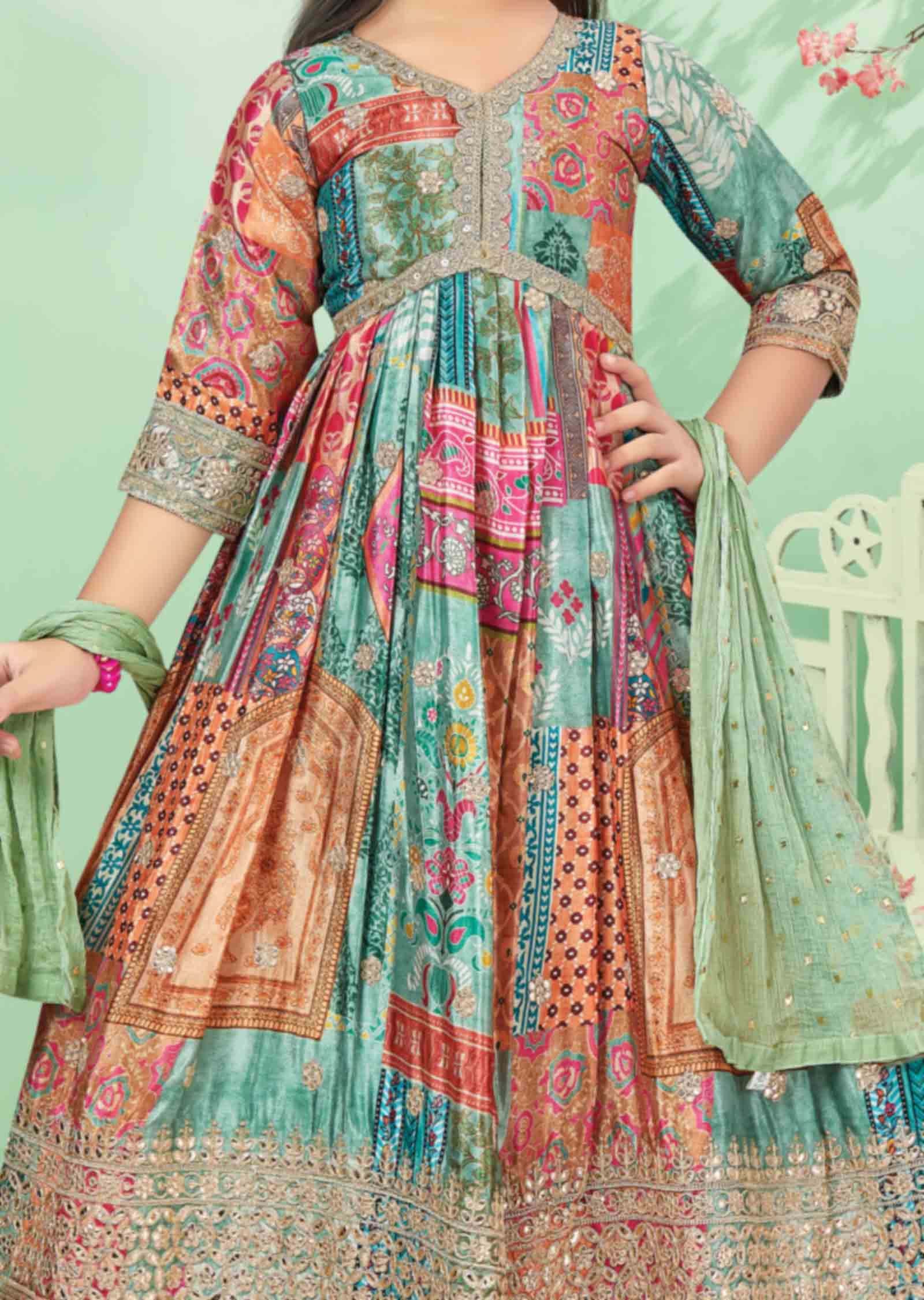 Multi color Chinnon Gota Work Alia cut Kids Anarkali