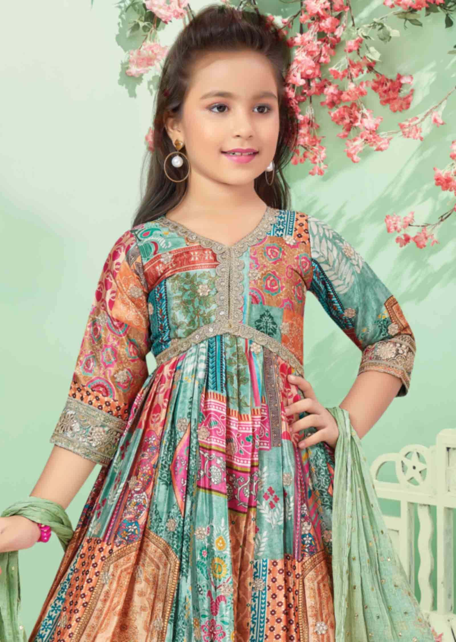 Multi color Chinnon Gota Work Alia cut Kids Anarkali