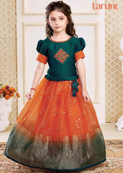 Rama/Orange Silk/Tissue Zardosi & Embroidered Kidswear