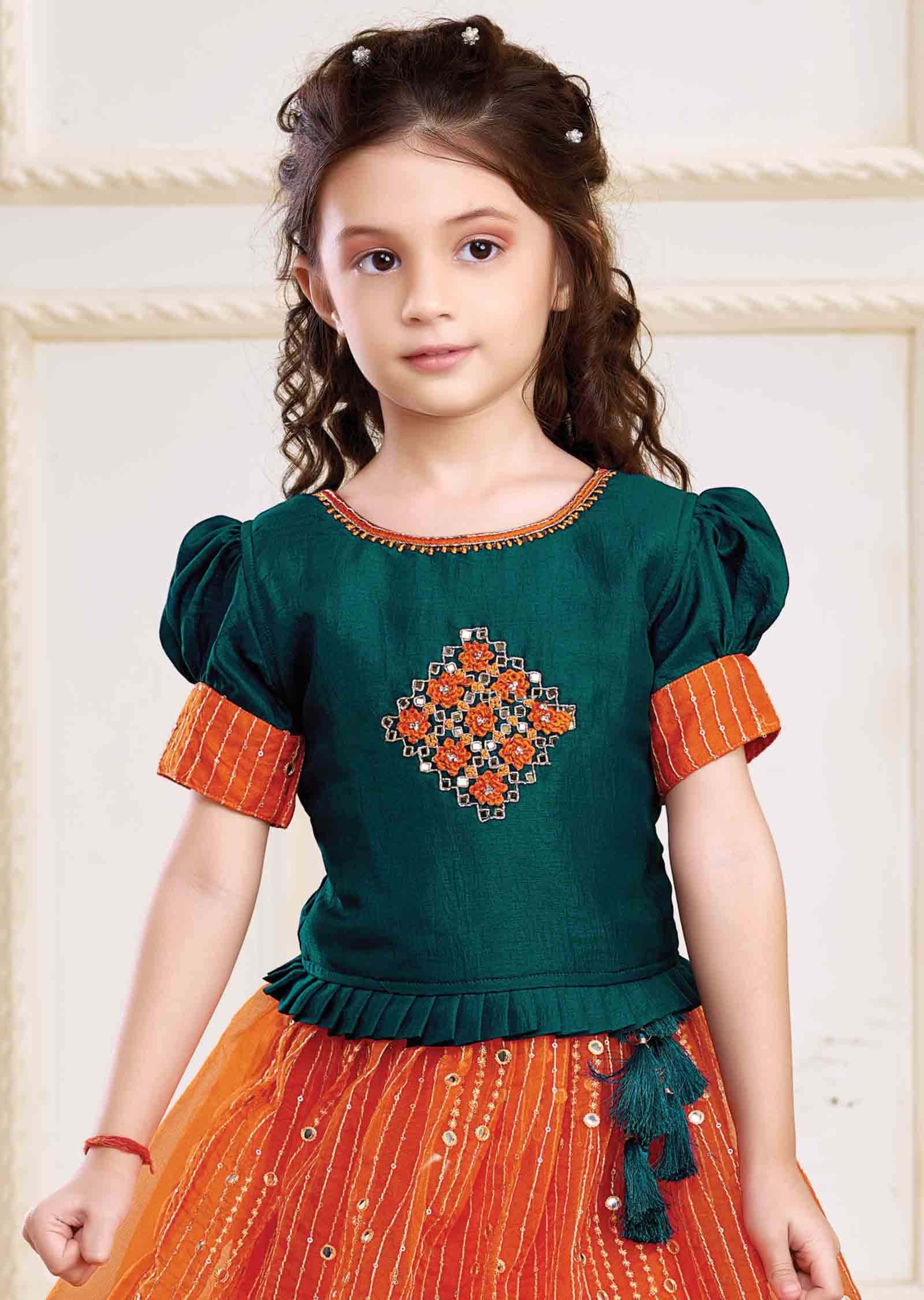 Rama/Orange Silk/Tissue Zardosi & Embroidered Kidswear