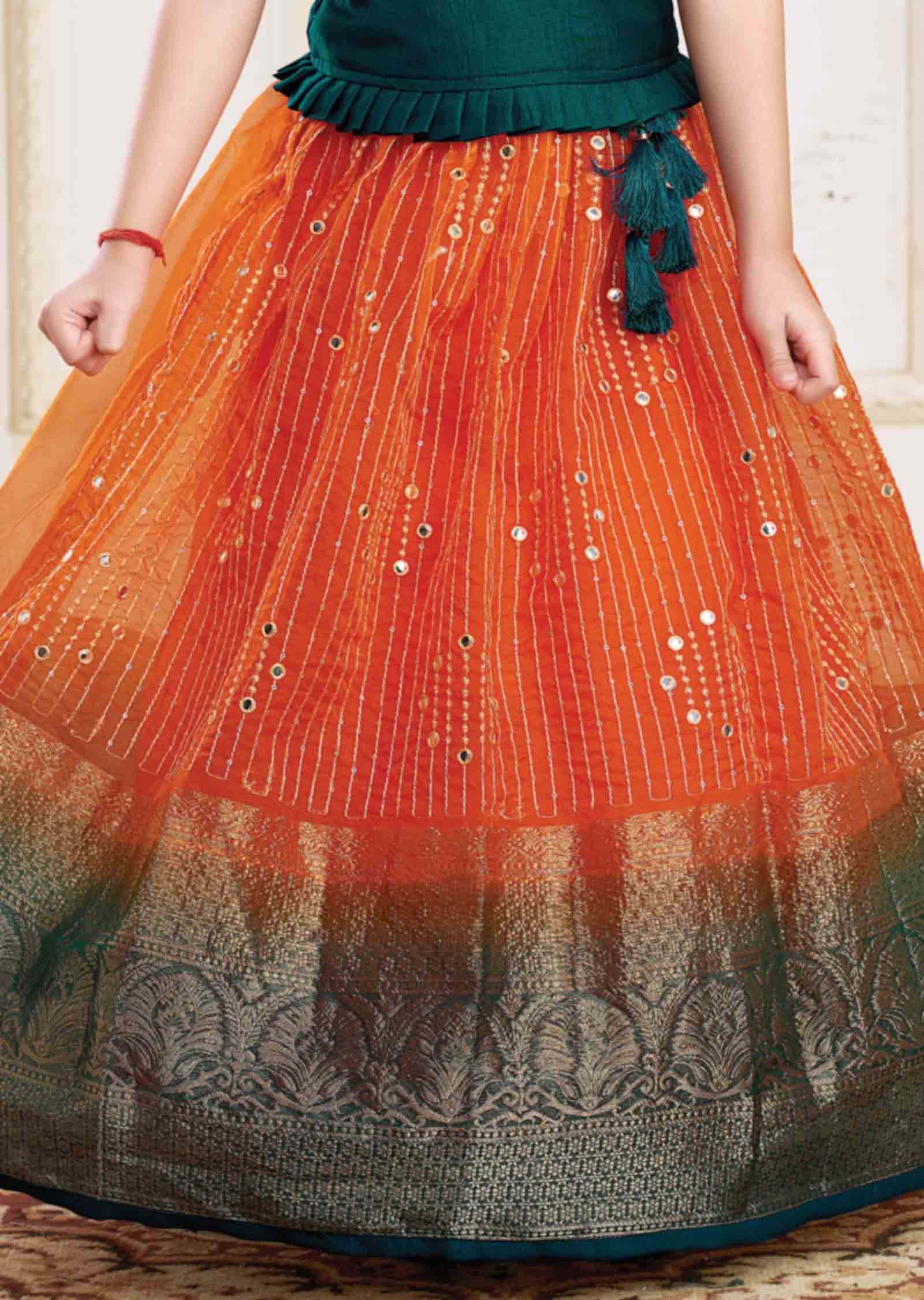 Rama/Orange Silk/Tissue Zardosi & Embroidered Kidswear