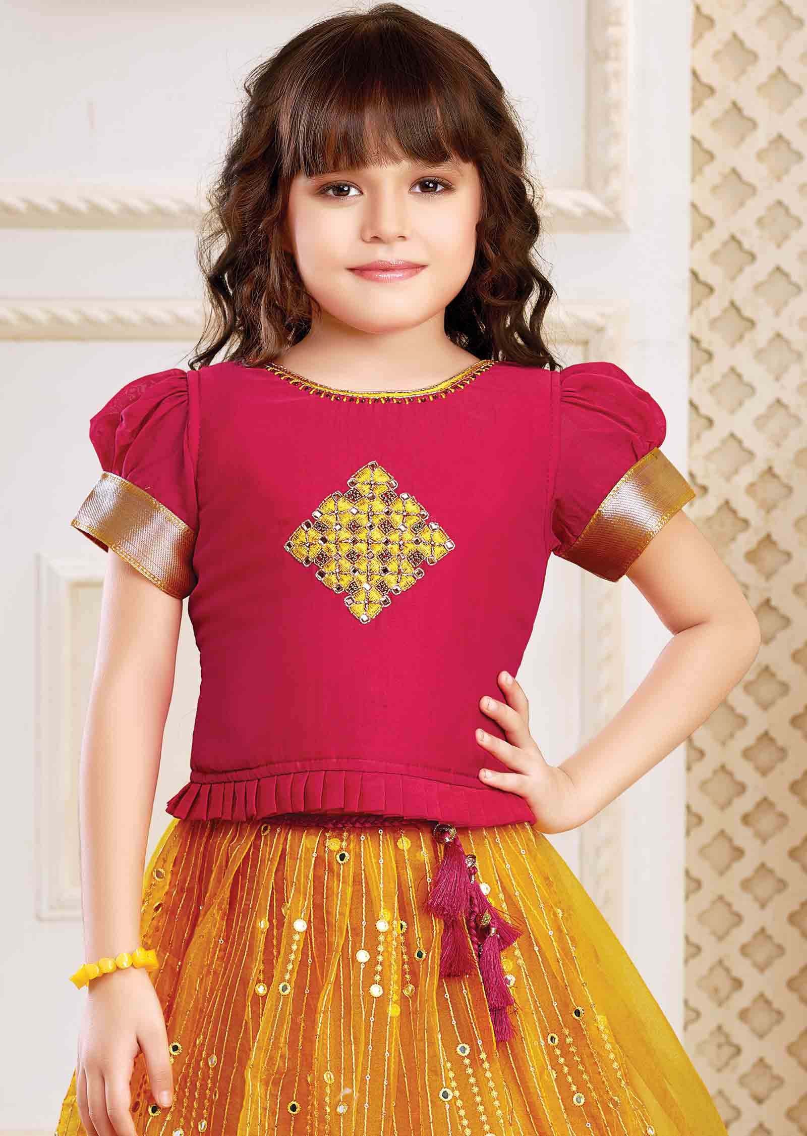 Rani Pink /Yellow Silk/Tissue Zardosi & Embroidered Kidswear