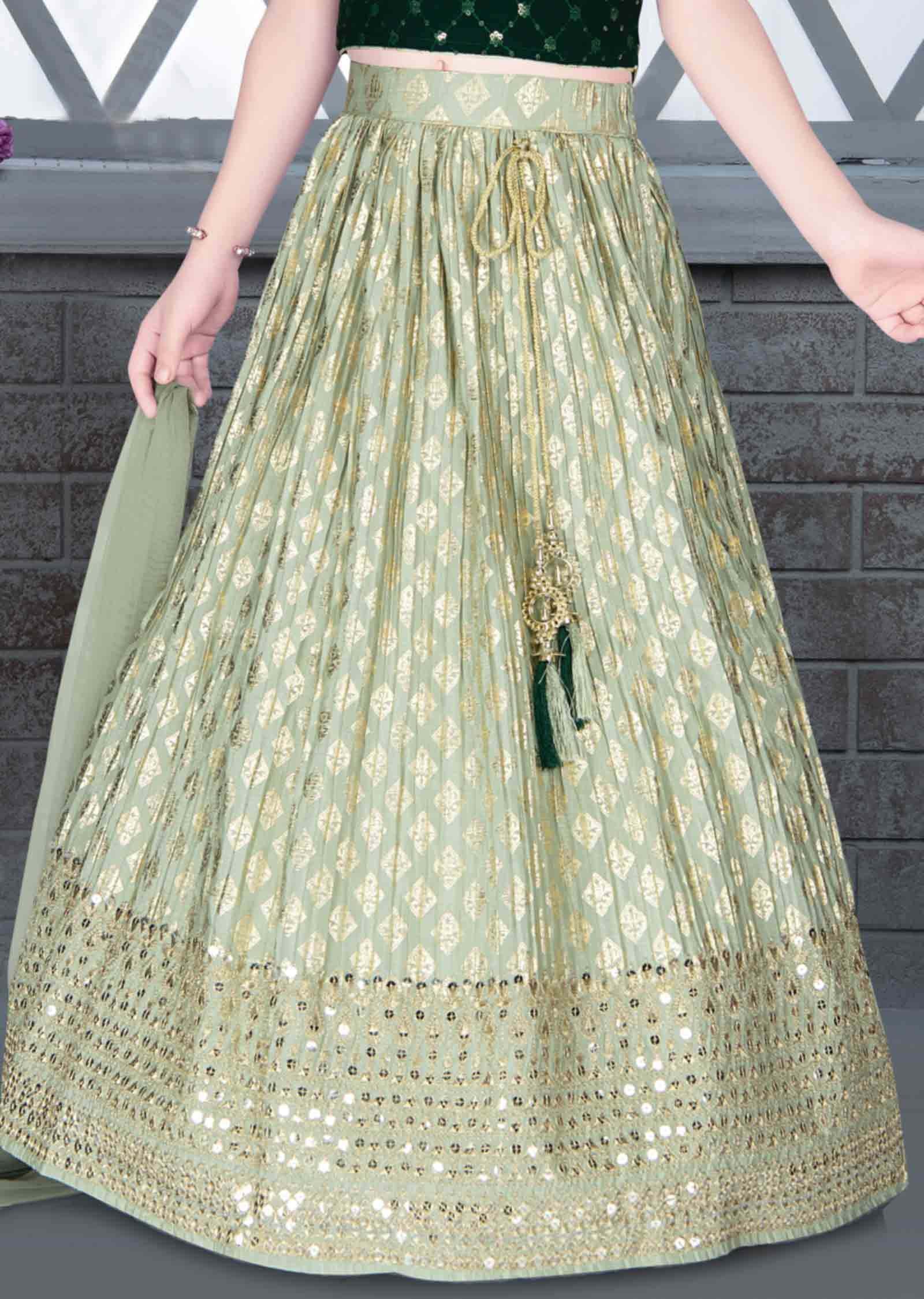 Green Silk Chinnon Kids Lehenga