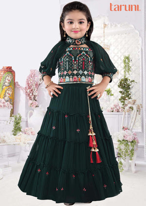 Bottle Green Georgette Embroidered Kids Lehenga