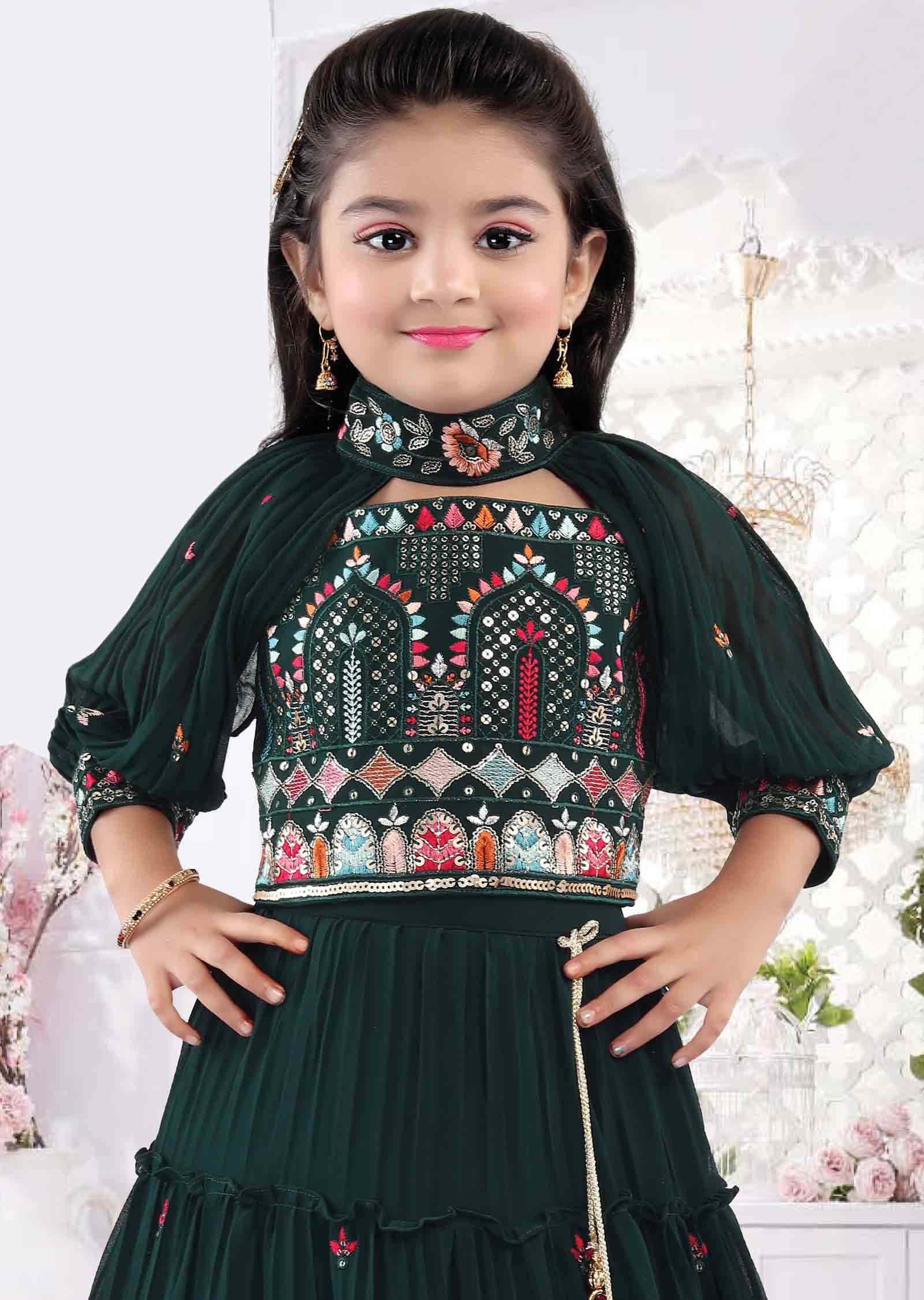 Bottle Green Georgette Embroidered Kids Lehenga