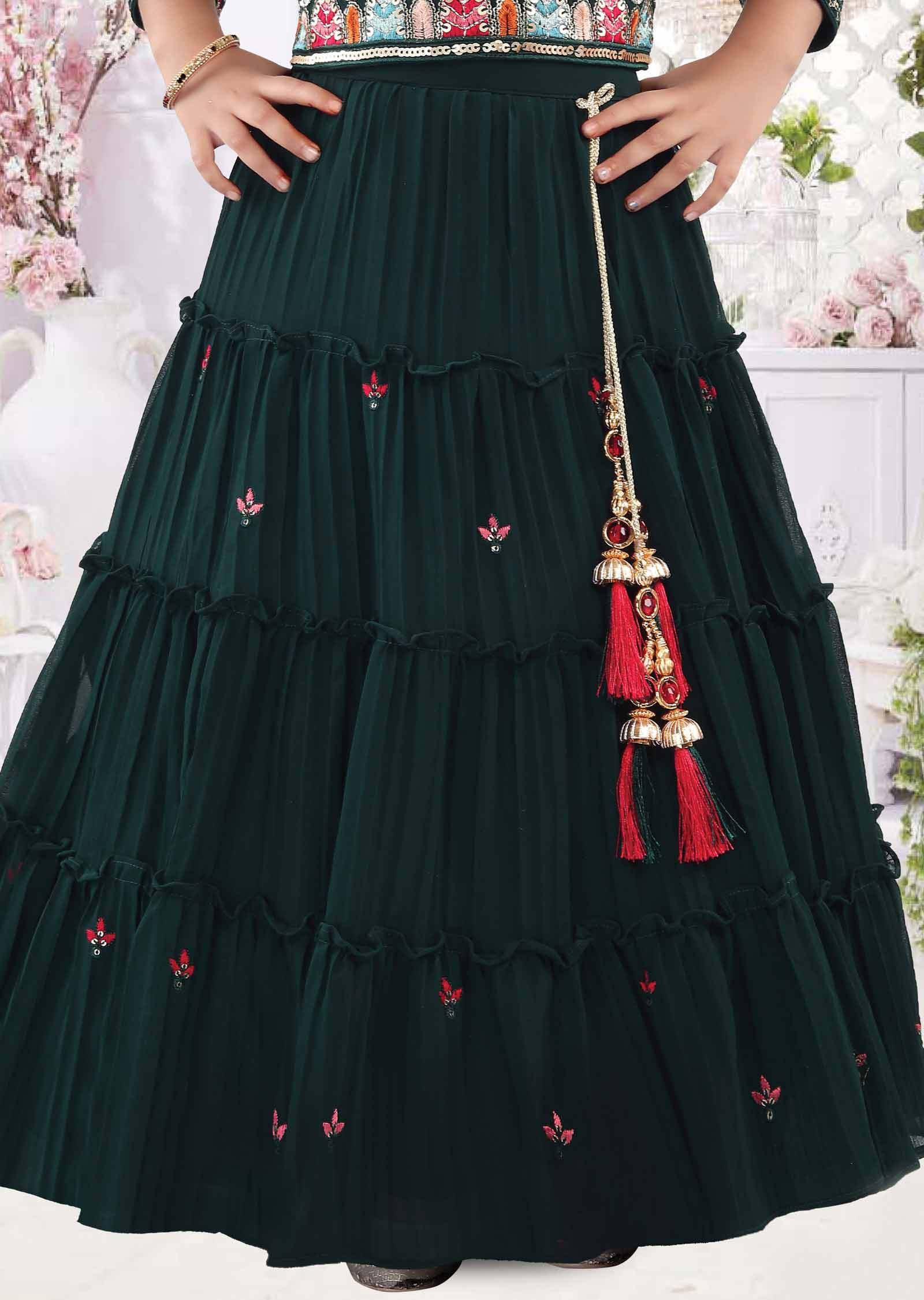 Bottle Green Georgette Embroidered Kids Lehenga