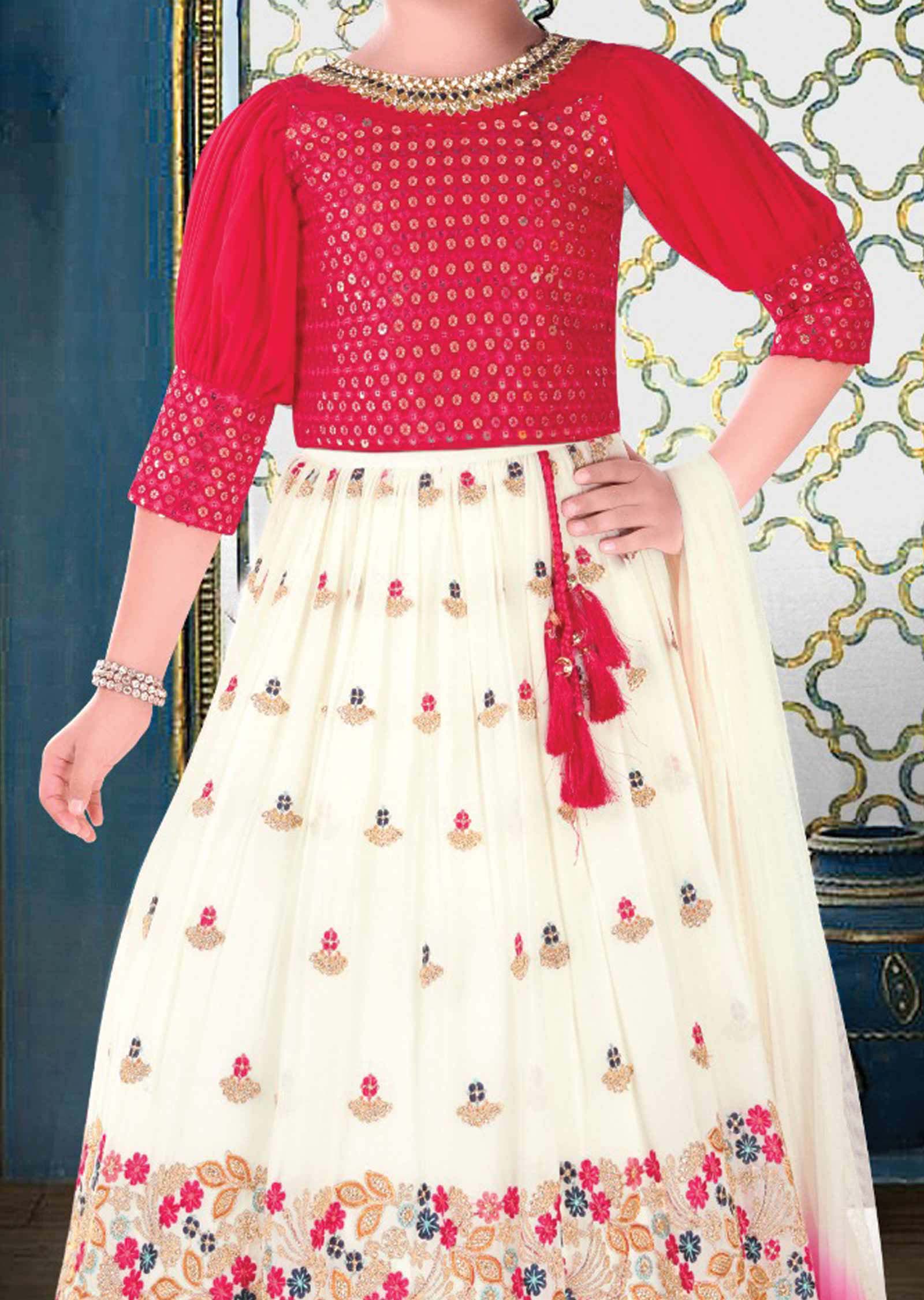 Rani Pink Georgette Zardosi & Embroidered Kids Lehenga