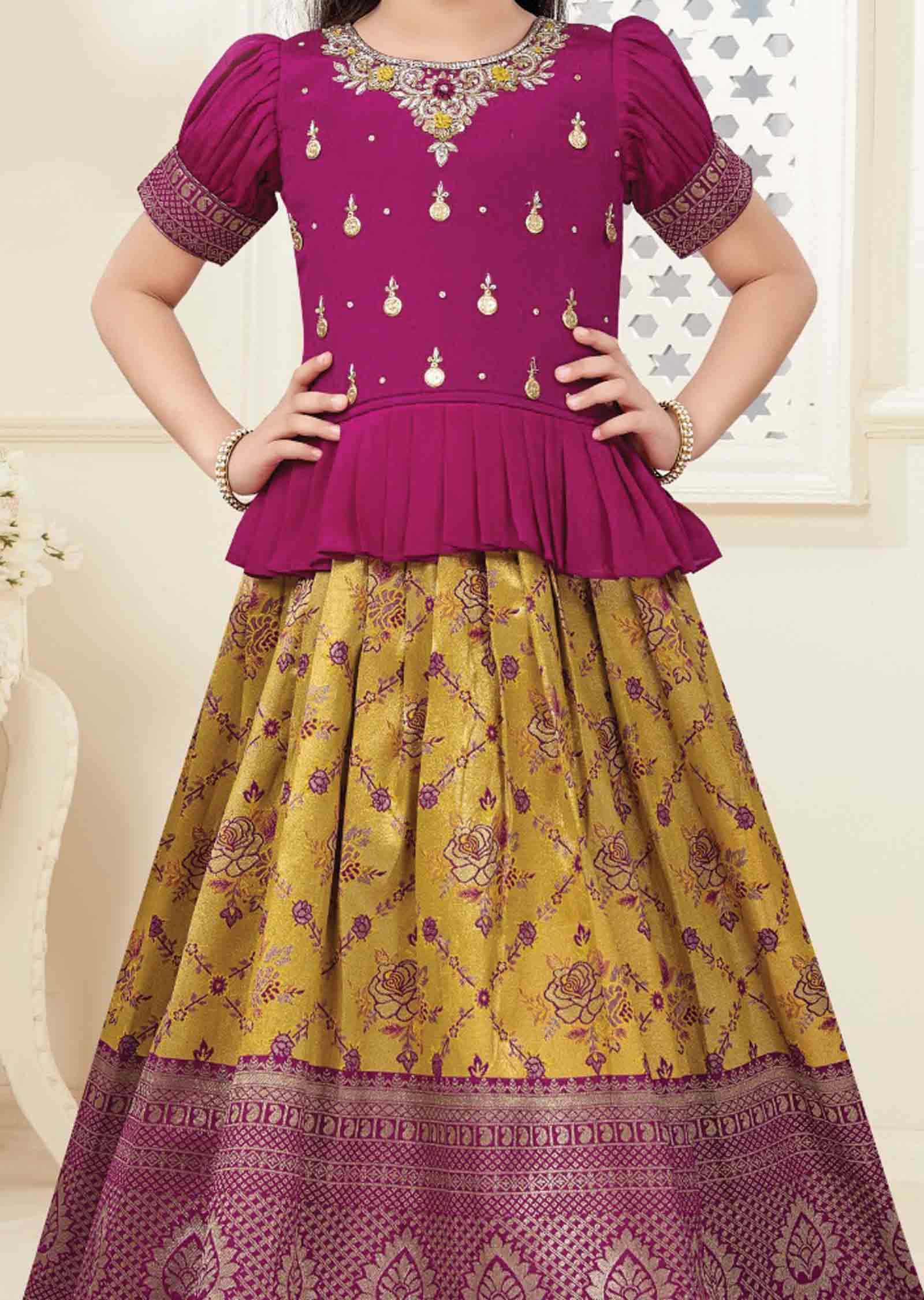 Rani Pink/Mustard Chinnon/Banaras Zardosi & Embroidered Kids Lehenga