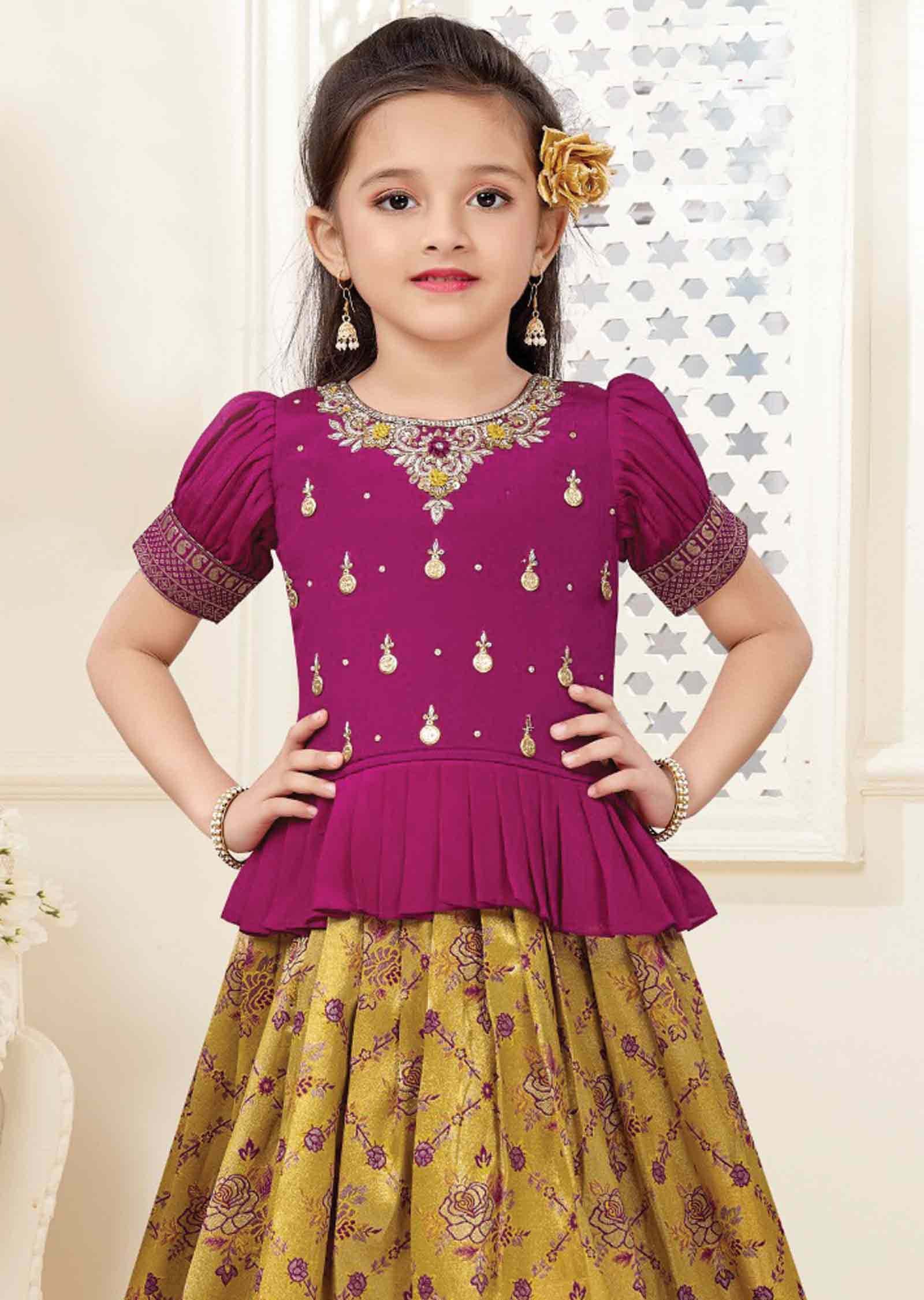 Rani Pink/Mustard Chinnon/Banaras Zardosi & Embroidered Kids Lehenga