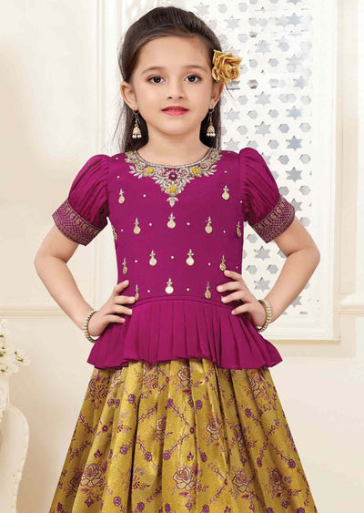 Rani Pink/Mustard Chinnon/Banaras Zardosi & Embroidered Kids Lehenga