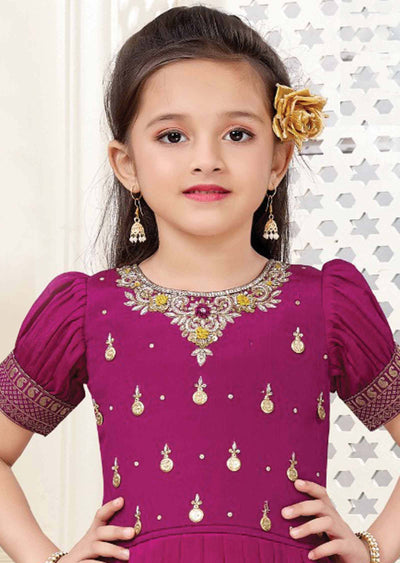 Rani Pink/Mustard Chinnon/Banaras Zardosi & Embroidered Kids Lehenga