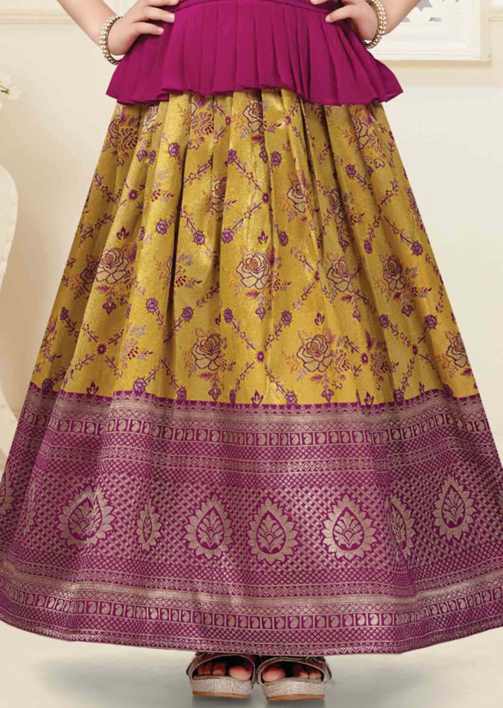 Rani Pink/Mustard Chinnon/Banaras Zardosi & Embroidered Kids Lehenga