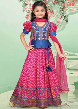 Blue / Rani Pink Silk Printed Kids lehenga