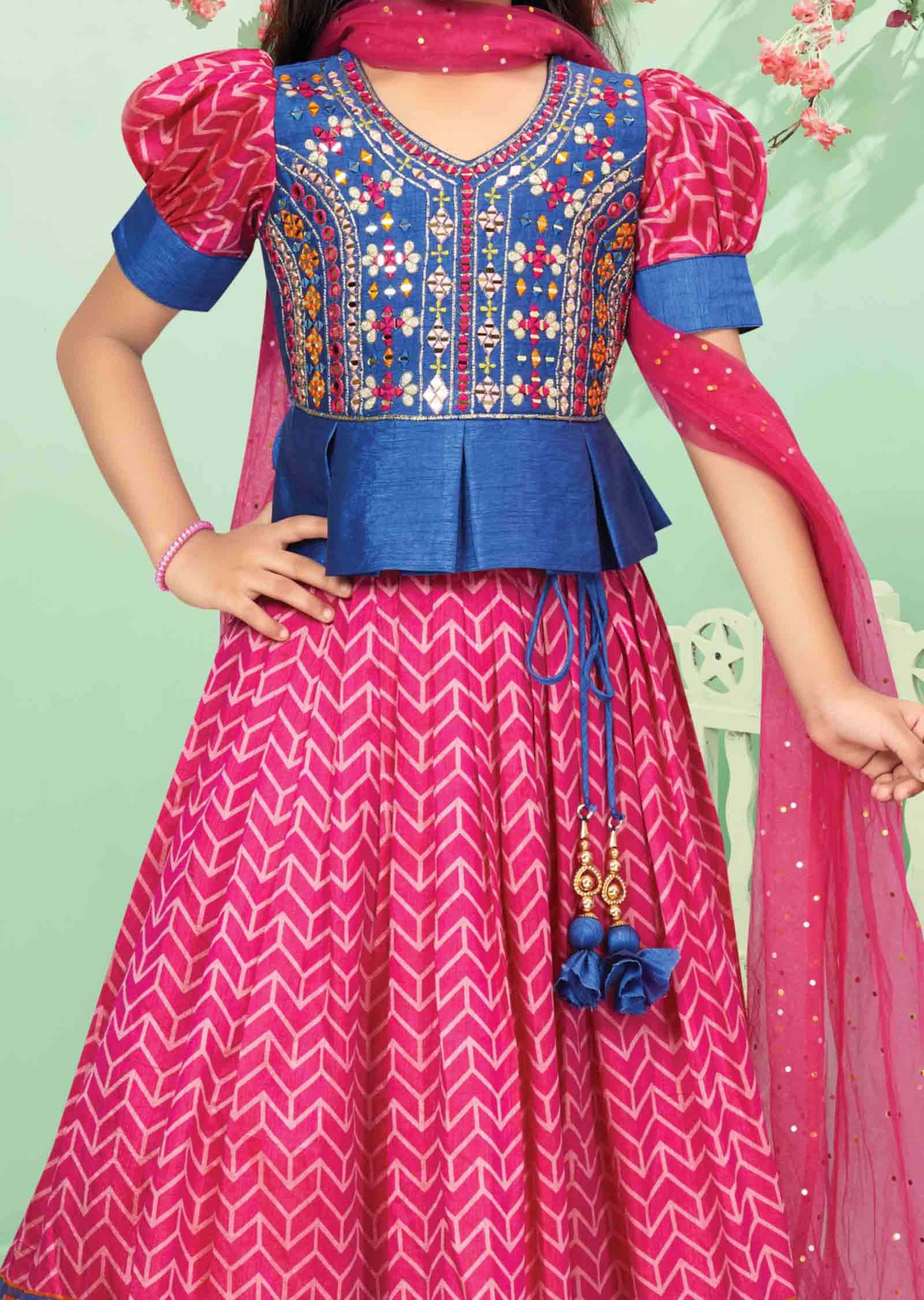 Blue / Rani Pink Silk Printed Kids Lehengas