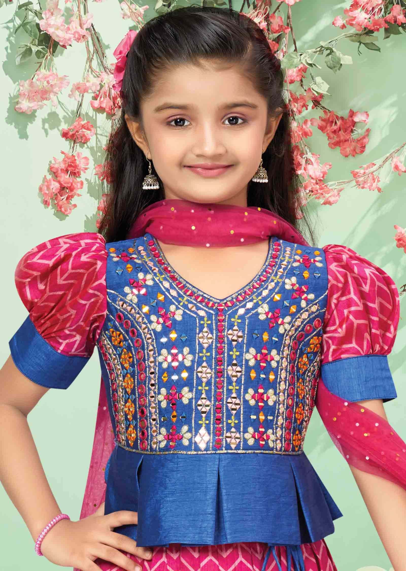 Blue / Rani Pink Silk Printed Kids Lehengas