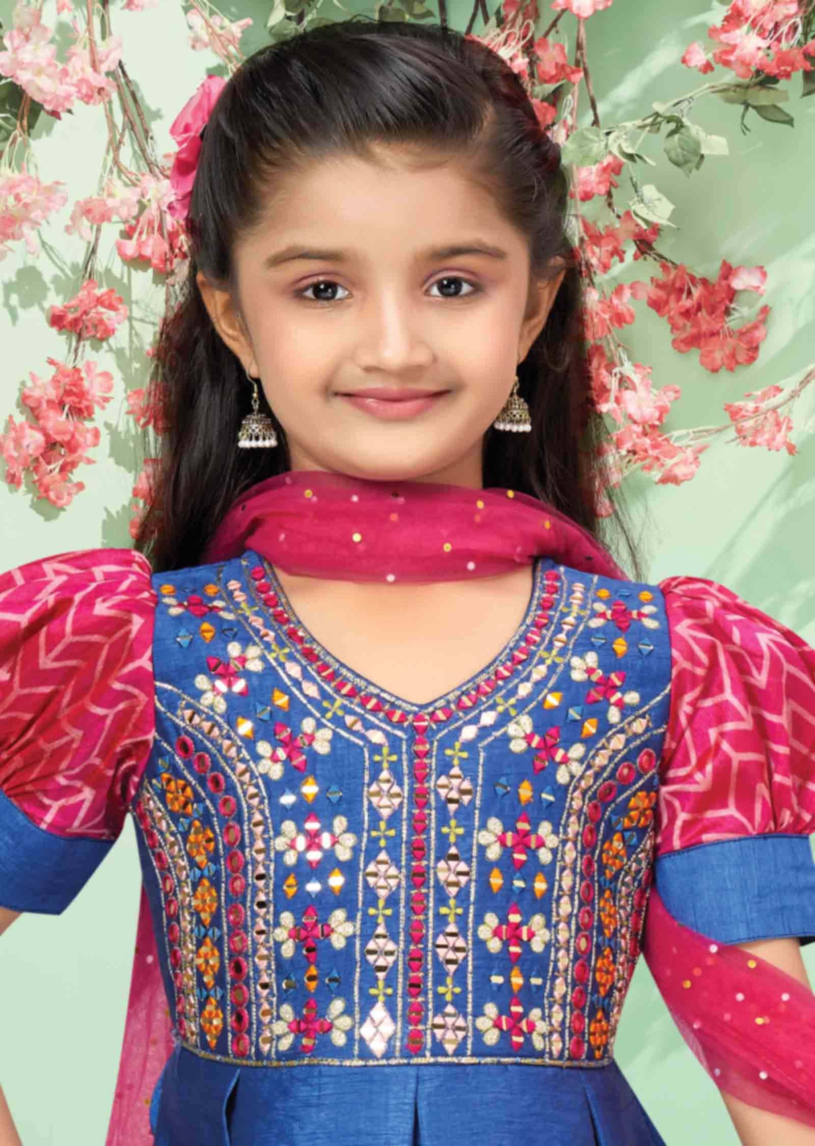 Blue / Rani Pink Silk Printed Kids Lehengas