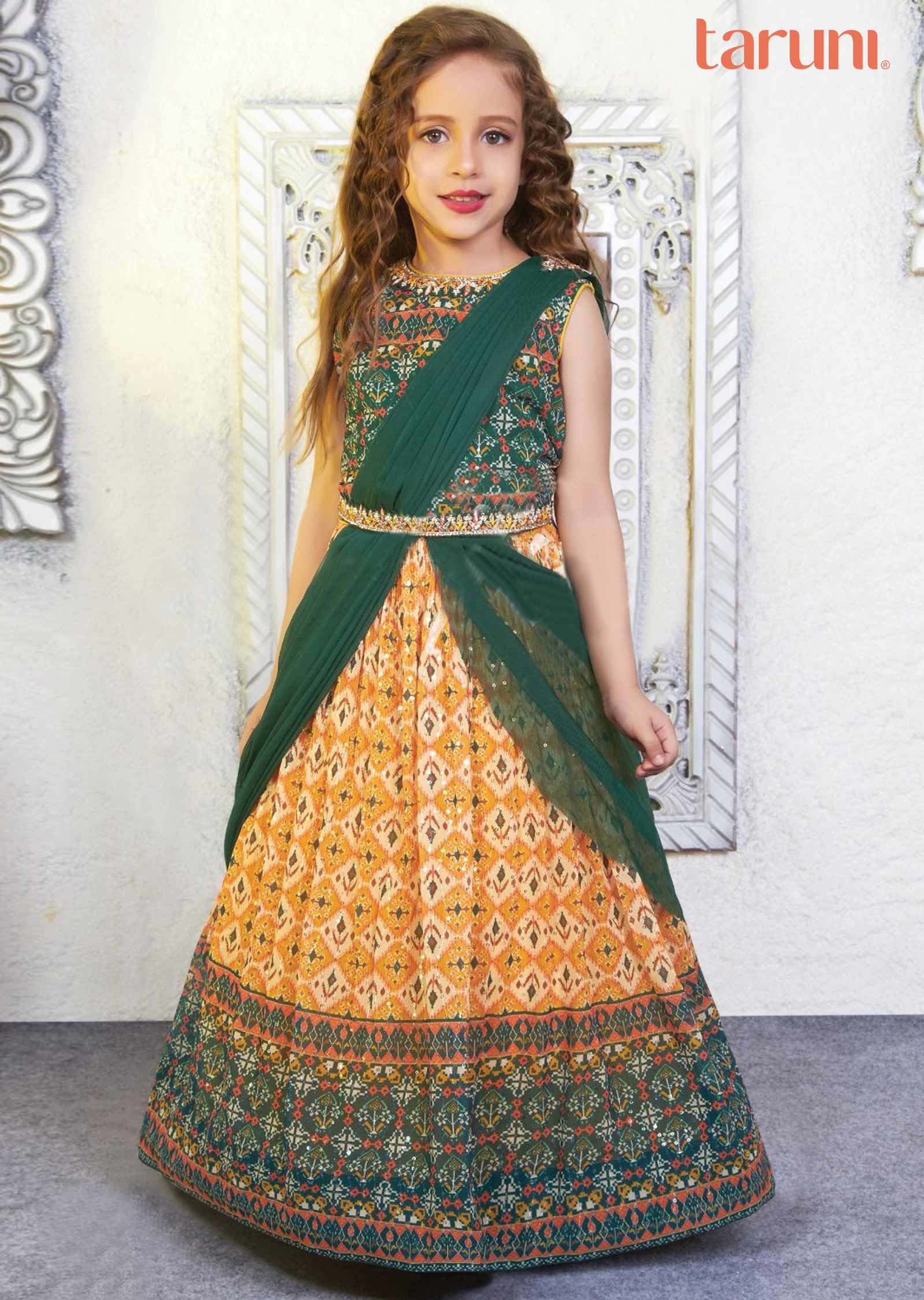 Green & Mustard Georgette Embroidered Kids lehenga