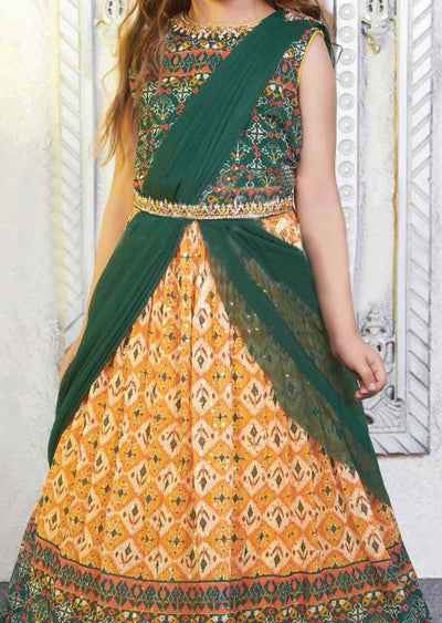 Green & Mustard Georgette Embroidered Kids lehenga