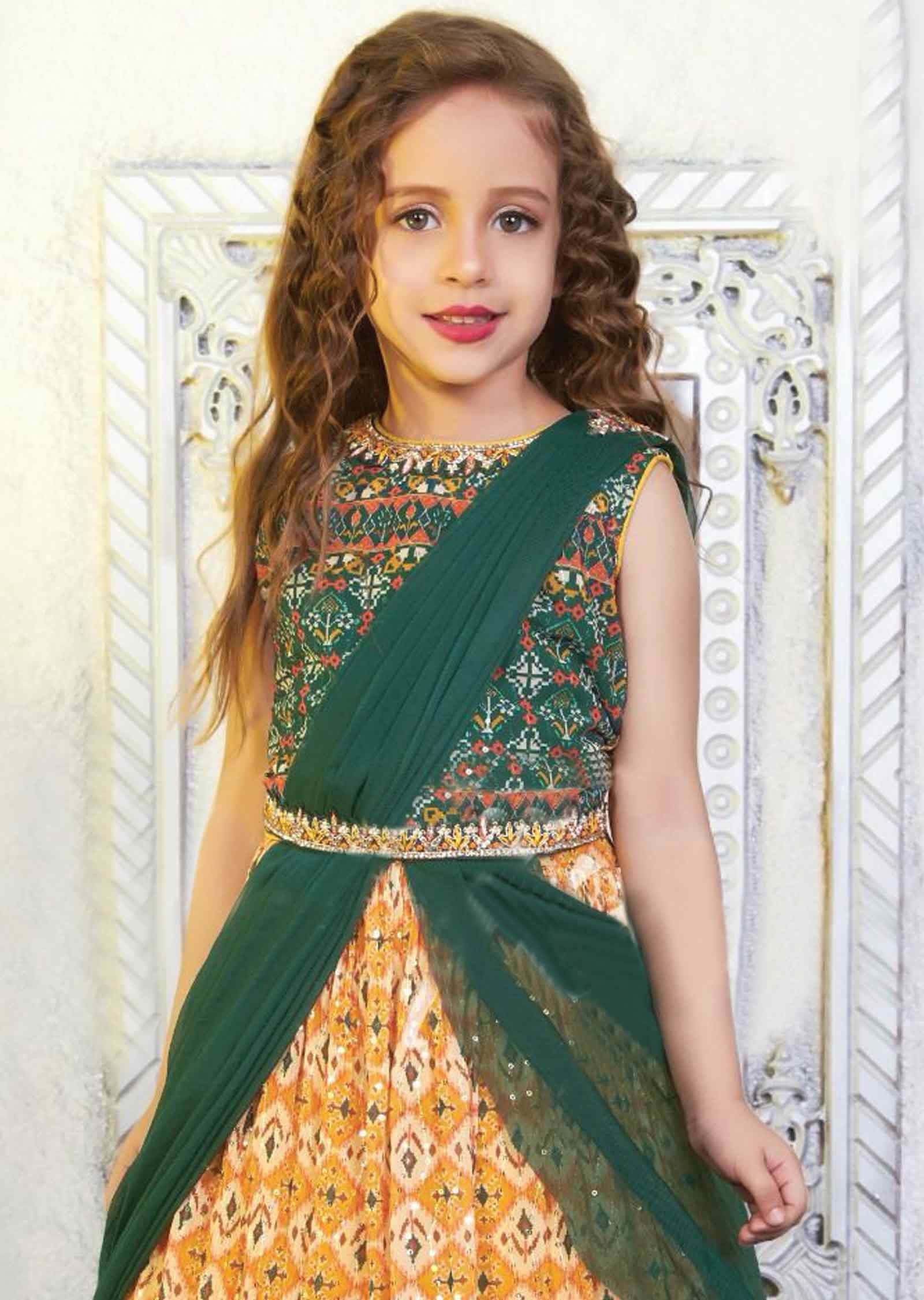 Green & Mustard Georgette Embroidered Kids lehenga