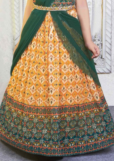 Green & Mustard Georgette Embroidered Kids lehenga