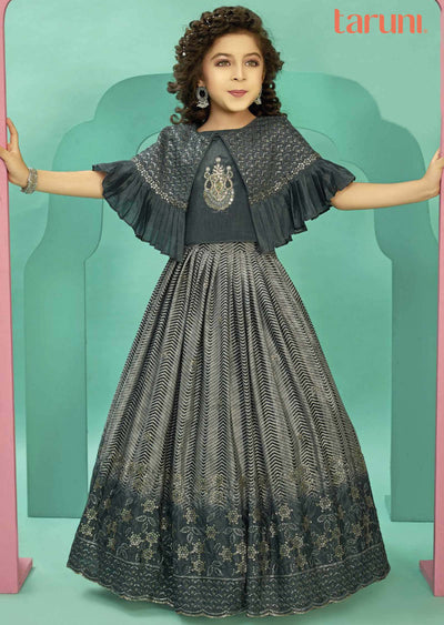 Grey Chinnon Embroidered Kids Lehengas
