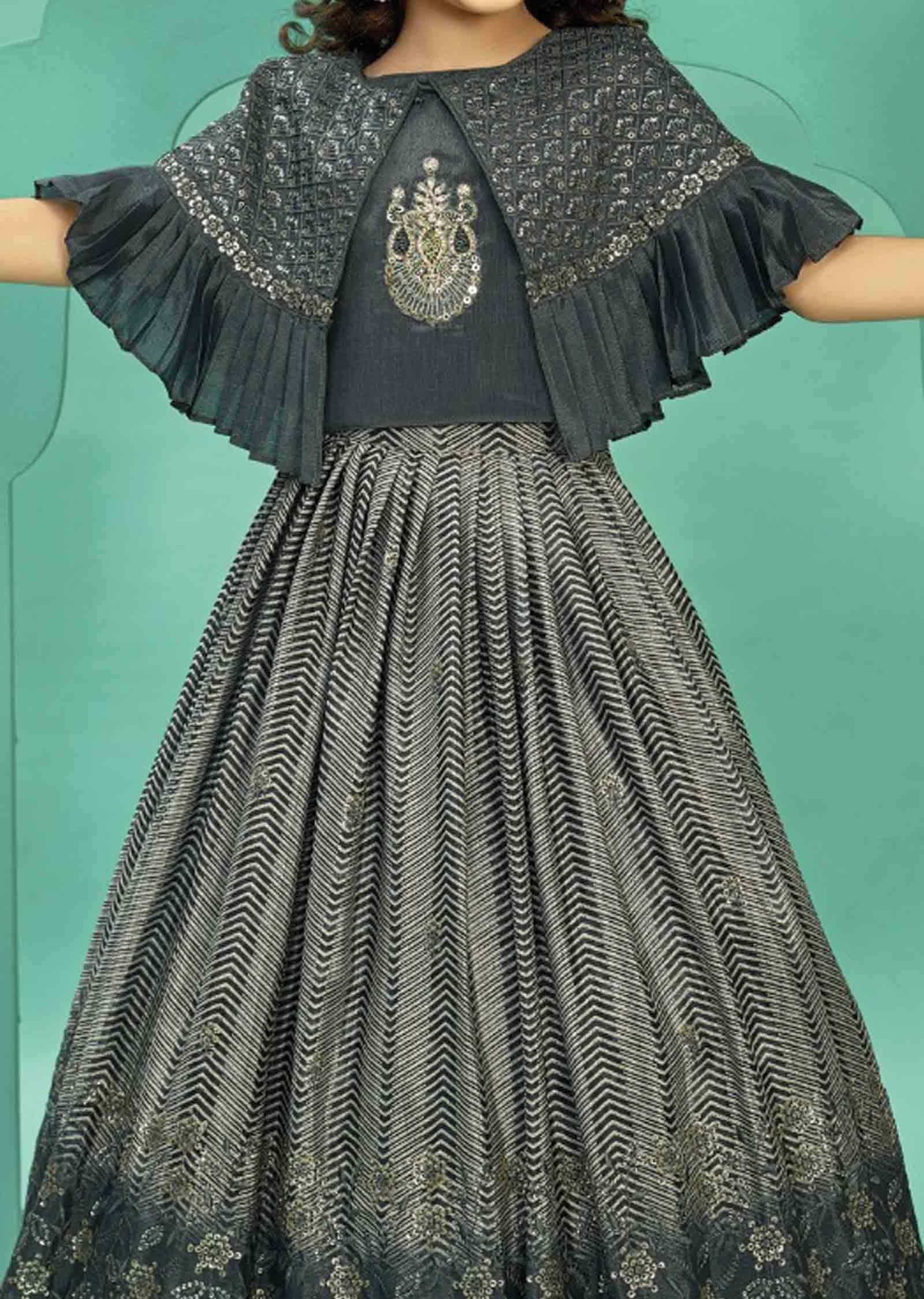 Grey Chinnon Embroidered Kids lehenga