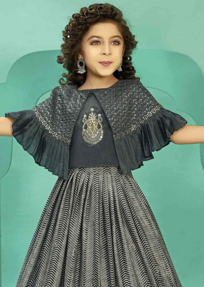 Grey Chinnon Embroidered Kids lehenga