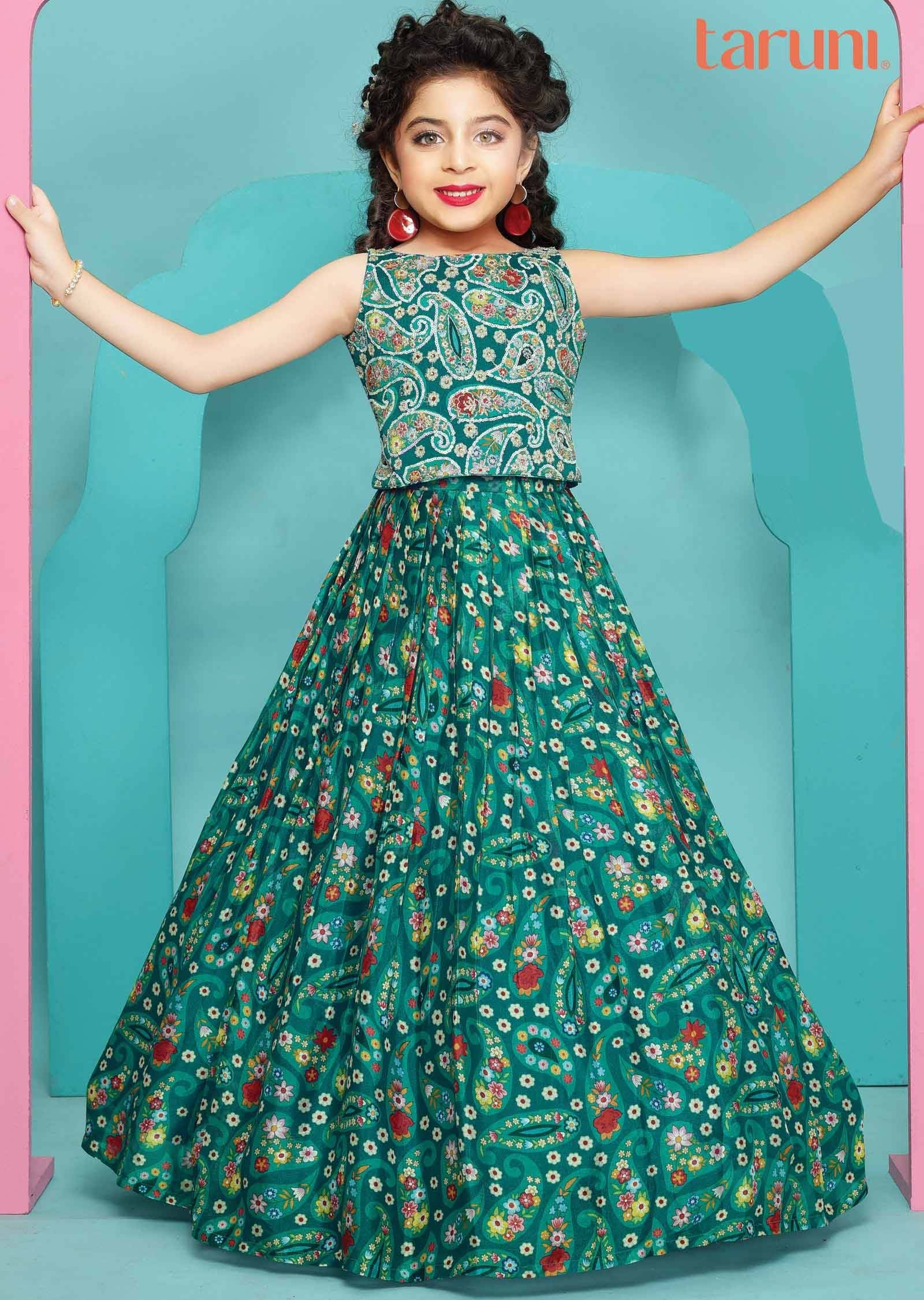 Rama green Chinnon Embroidered Kids lehenga