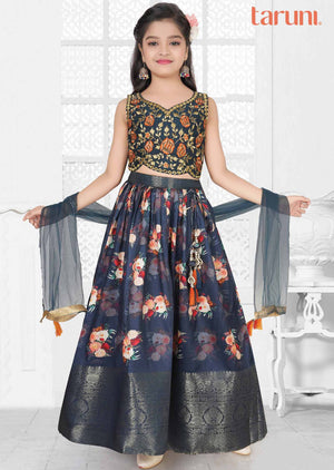 Rama green Silk Printed Kids lehenga