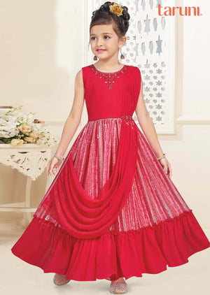 Rani Pink Georgette Zardosi & Embroidered Kids Gown