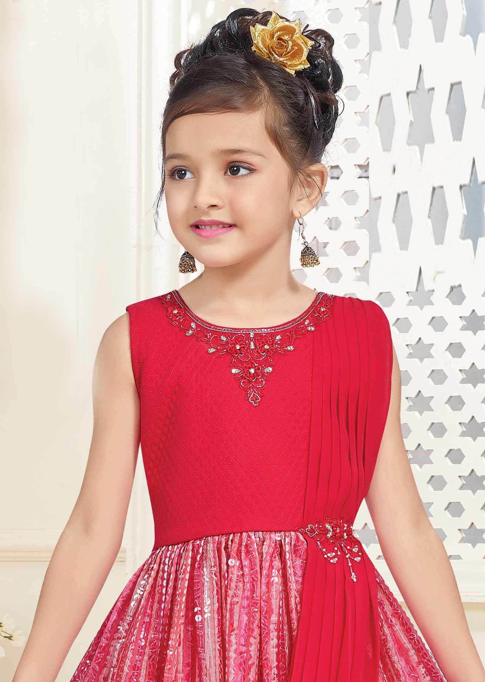Rani Pink Georgette Zardosi & Embroidered Kids Gown