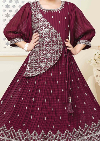 Dark Maroon Georgette Zardosi & Embroidered Kids Gown