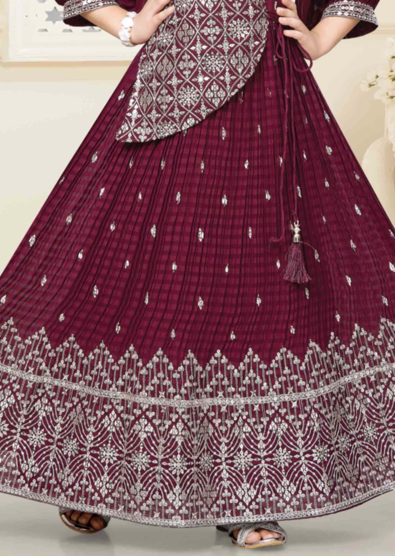 Dark Maroon Georgette Zardosi & Embroidered Kids Gown