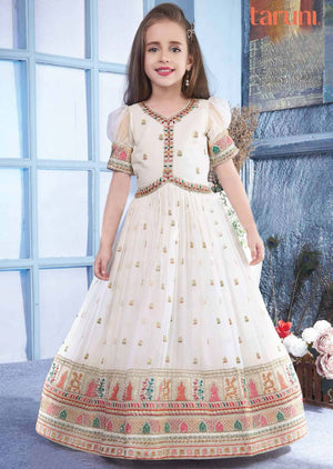 Off White Georgette Zardosi & Embroidered Alia cut Kids Gown