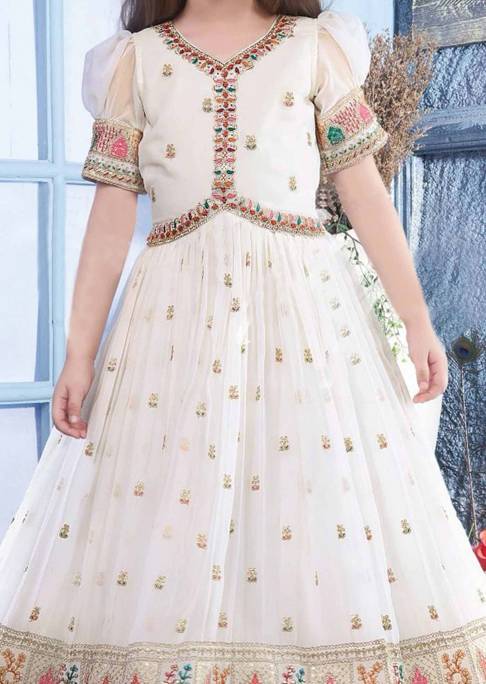 Off White Georgette Alia cut Kids Gown