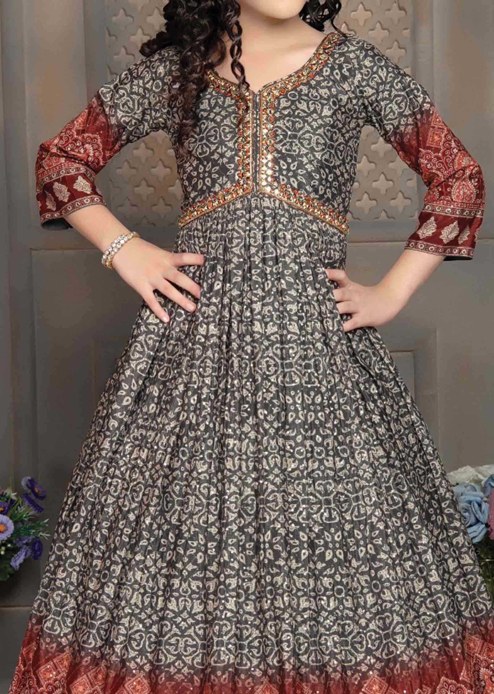 Dark Grey Chinnon Zardosi & Embroidered Alia cut Kids Gown