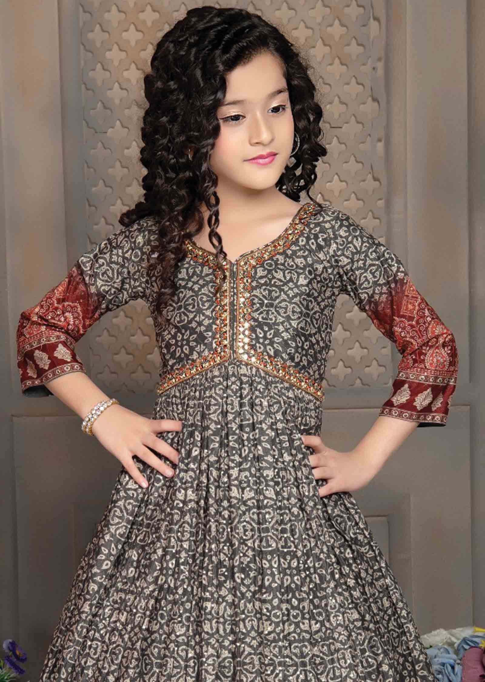 Dark Grey Chinnon Zardosi & Embroidered Alia cut Kids Gown