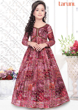 Megenta Georgette Embroidered Alia cut Kids Gown