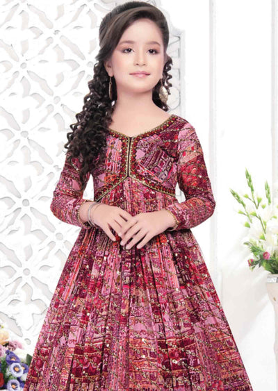 Megenta Georgette Embroidered Alia cut Kids Gown