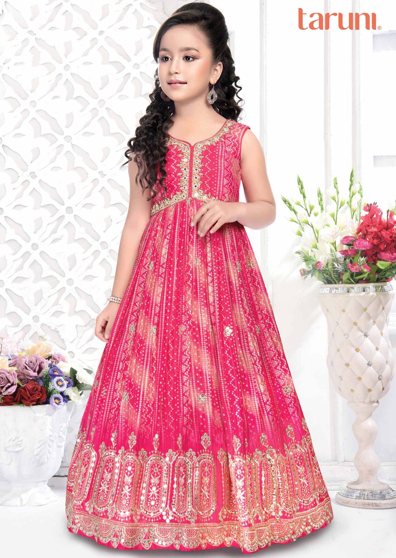 Pink Chinnon Zardosi & Embroidered Alia cut Kids Gown